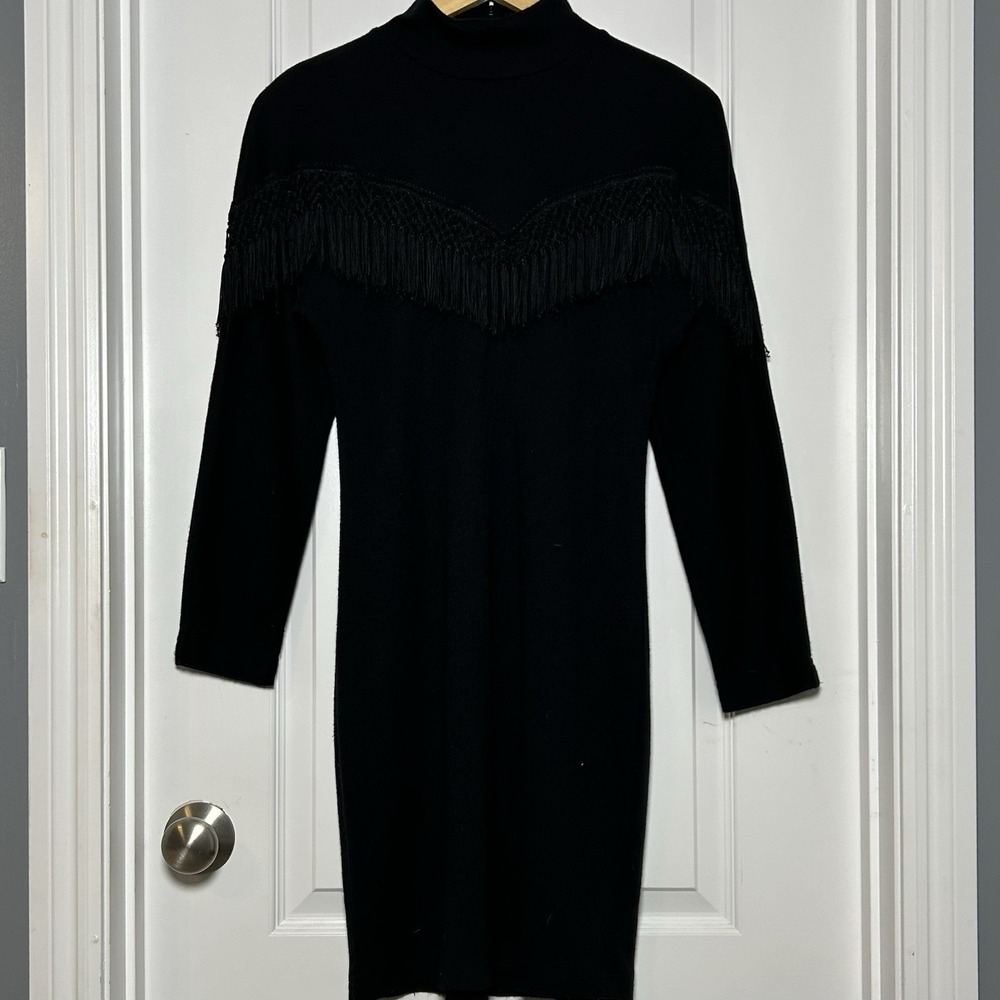 Morningside Vintage 90s Black Long Sleeve Mock Neck Fringe Front Western Dress